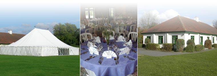 a montage of a marquee, a table set at a party and a view of the hall